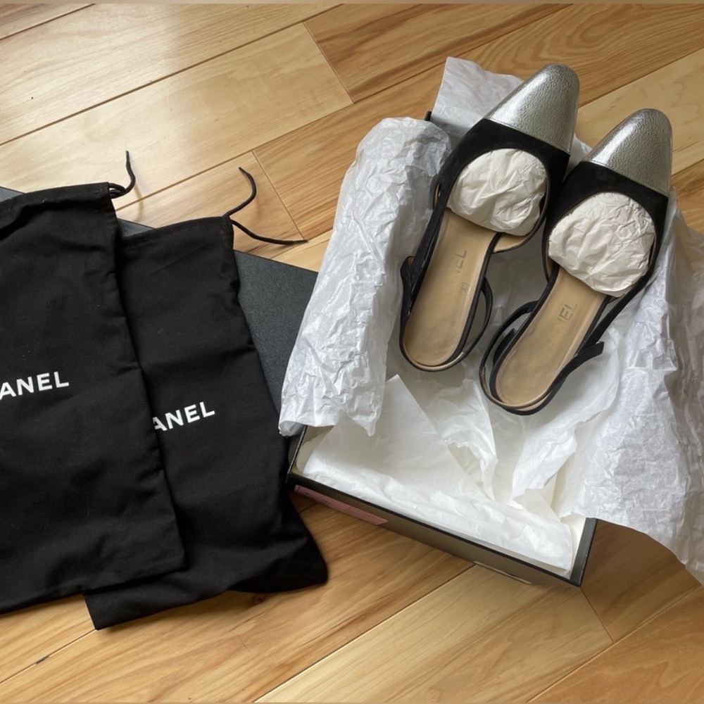 Chanel Slingback black suede with silver toe